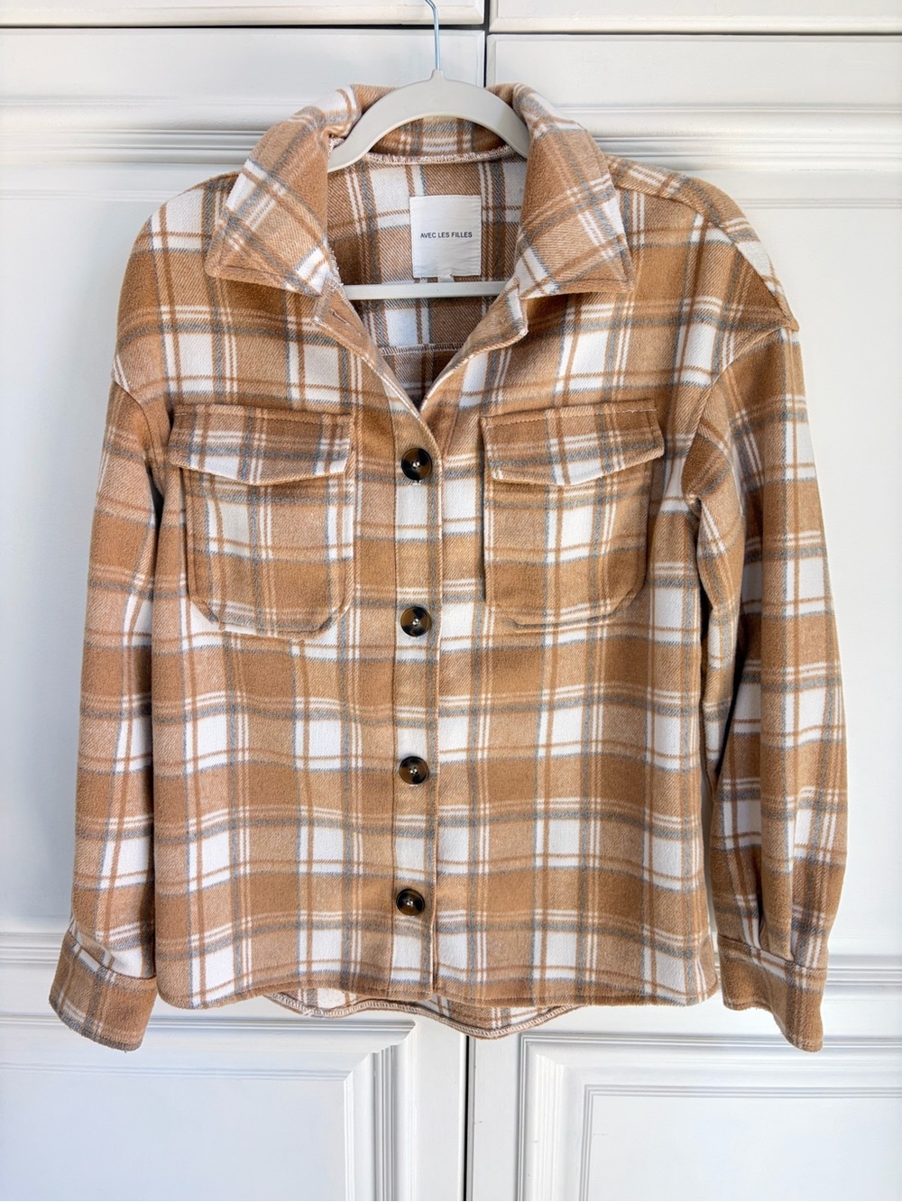 Avec Les Filles Camel and White Plaid Button-Up Shacket
